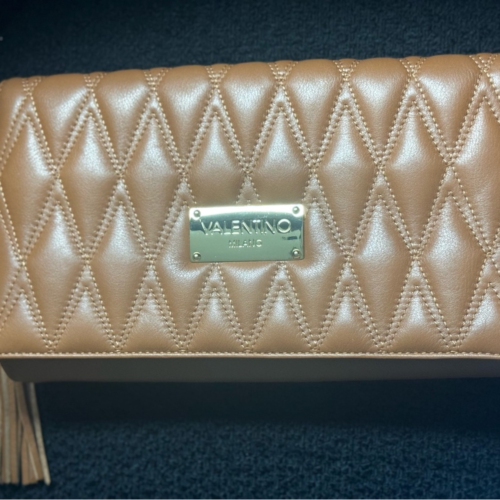 Valentino Tan Quilted Clutch with Tassel Detail